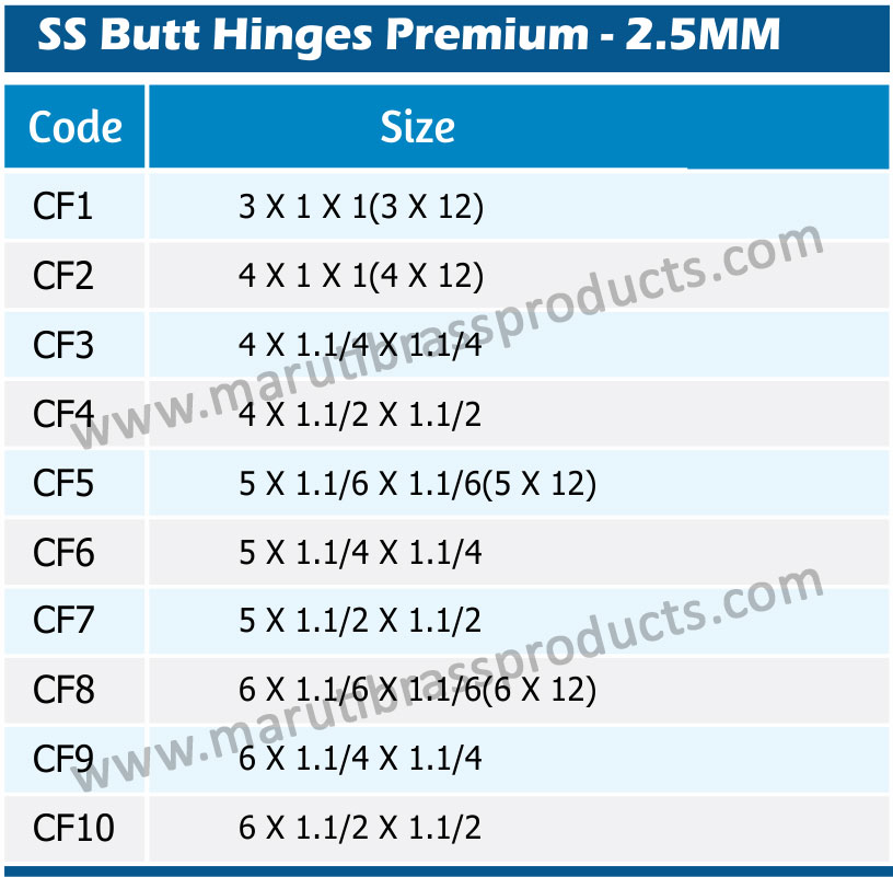 SS Butt Hinges Premium - 2.5MM Size